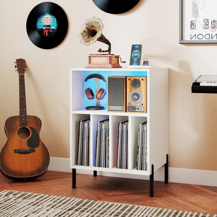 Record player stand in white with LED light, charging station, and vinyl storage, perfect for audio equipment.