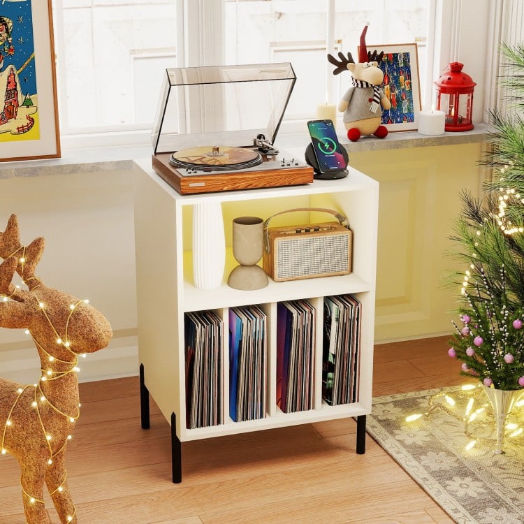 Record player stand in white with LED light, charging station, and vinyl storage, perfect for music lovers.