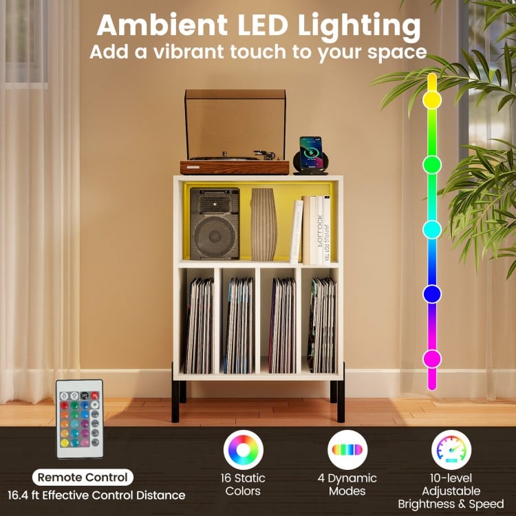 Record player stand with LED lighting, featuring a charging station and open shelves for vinyl records, in white.