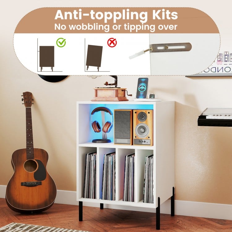 Record player stand with LED light and charging station, featuring anti-toppling kits and spacious storage for vinyl.