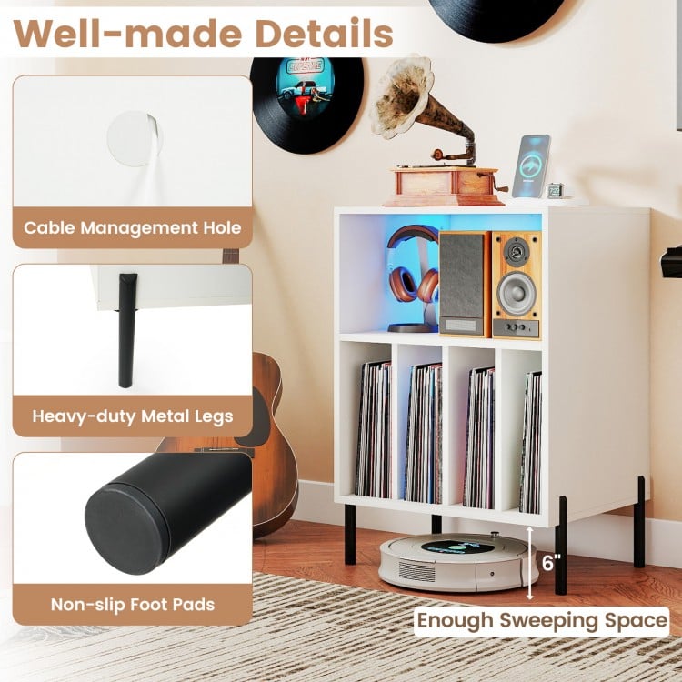 Record player stand with LED light, heavy-duty metal legs, and cable management hole for organized audio storage.