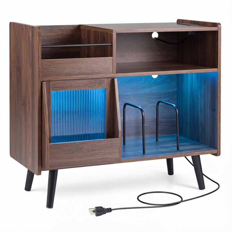Record player stand in brown with LED light, sliding door, and ample storage for turntables and decor.