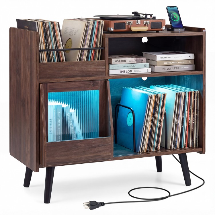 Record player stand in brown with LED light, storage for albums, and power outlets, ideal for organizing audio.