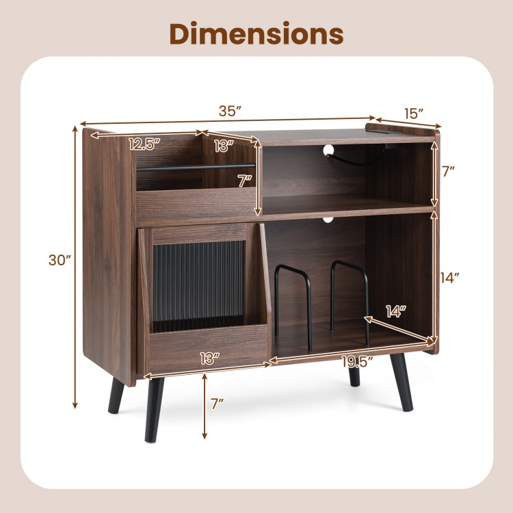 Dimensions of the brown Record Player Stand with LED light, featuring open shelves and sliding door for organized.