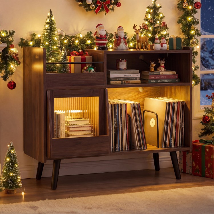 Record player stand in brown showcases a wide tabletop, open shelf, and magazine rack for organized storage.
