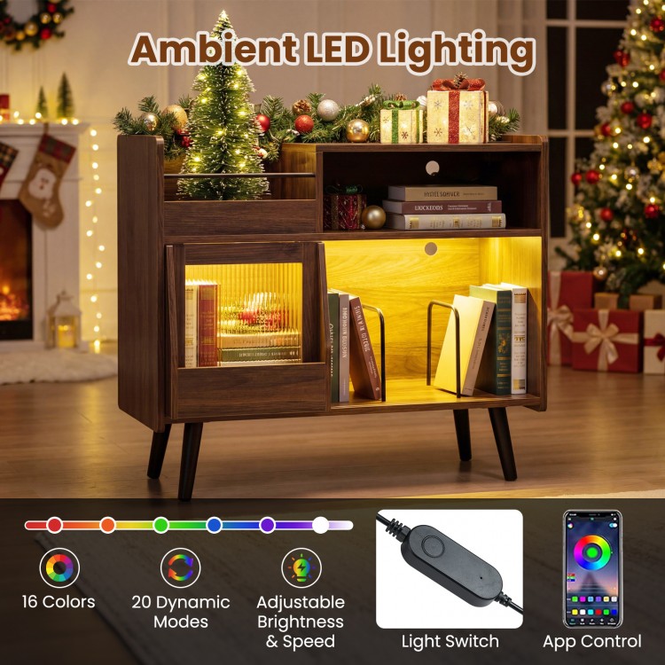 Record player stand in brown with LED lighting, sliding door, and ample storage for turntables and decor.