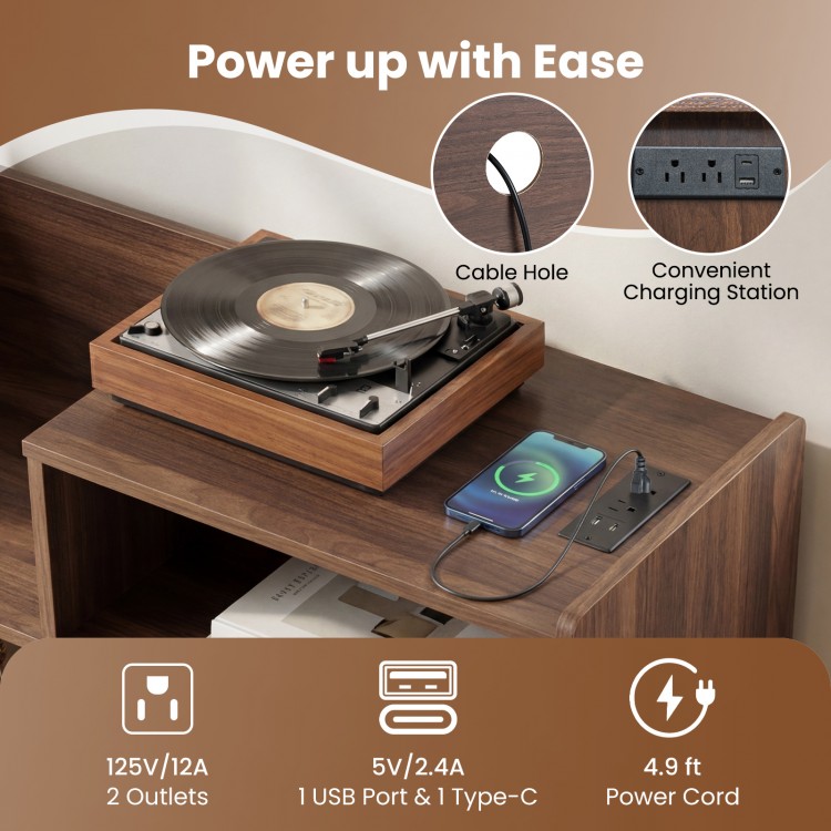 Record player stand in brown with power outlets, cable management, and LED light for convenient device charging.