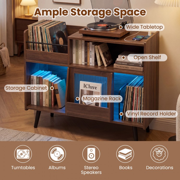 Record player stand in brown with LED light, open shelves, and sliding door for ample storage of turntables and albums.