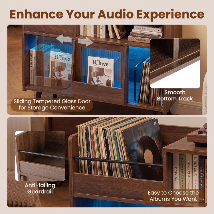 Record Player Stand with LED Light and Power Outlets Large Turntable Stand with Sliding Door - Gallery View 10 of 11