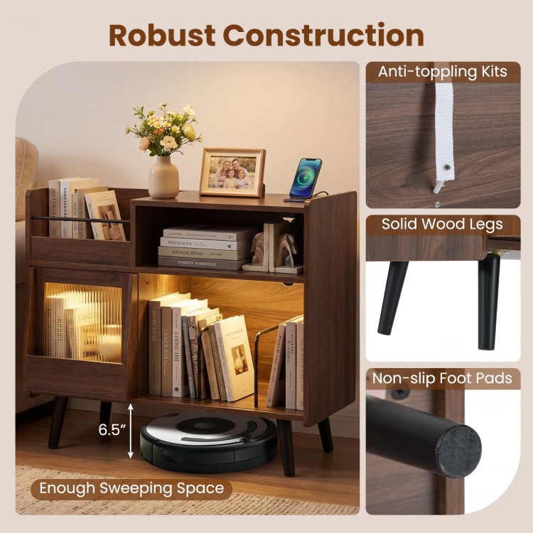 Record player stand with LED light, sliding door, and solid wood legs, providing ample storage for turntables and decor.