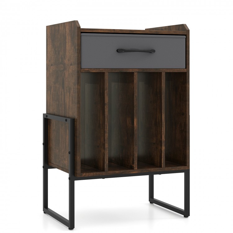 Rustic brown record player stand with drawer and vinyl record holder, featuring a sturdy metal frame for music rooms or.