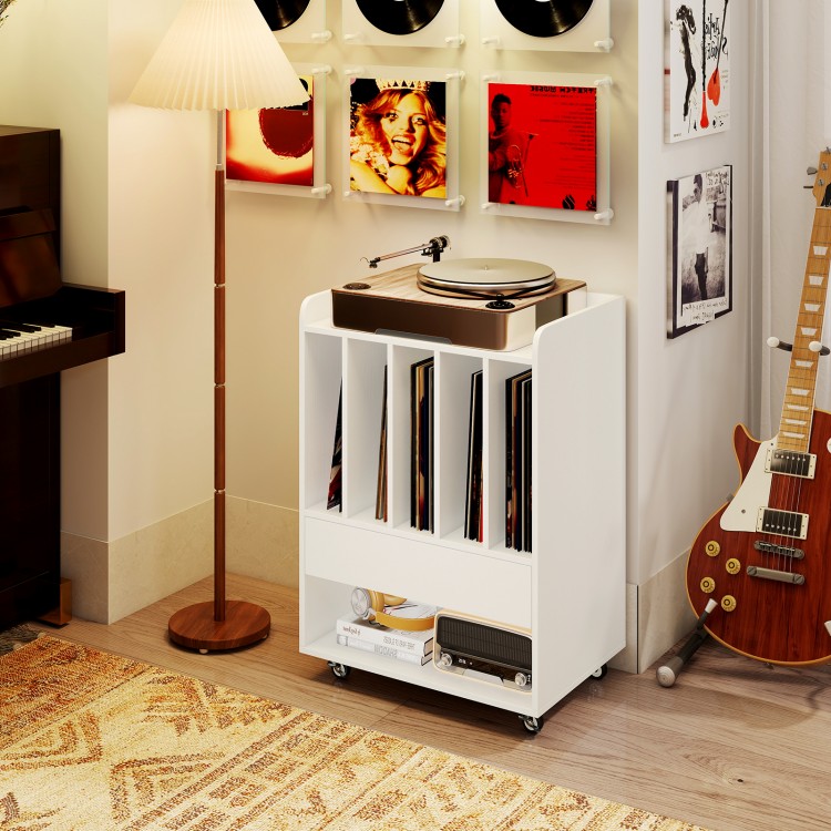 Record player stand in white with drawer and vinyl storage, ideal for living room or bedroom use.