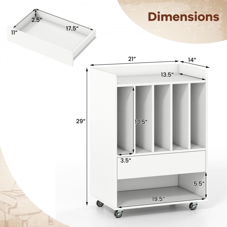 Dimensions of the white Record Player Stand with drawer and five vinyl dividers, featuring rolling wheels for easy.
