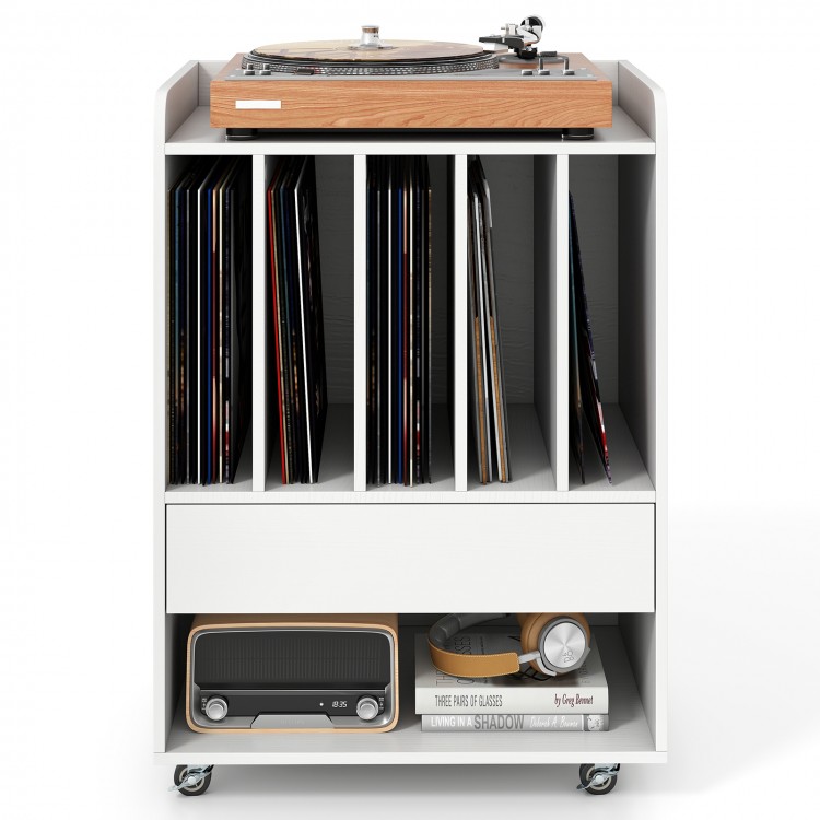 Record player stand in white with vinyl dividers, drawer, and wheels for easy mobility, ideal for living room storage.