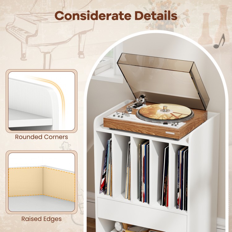 Record player stand with rounded corners, drawer, and vinyl storage, ideal for living room or bedroom use.