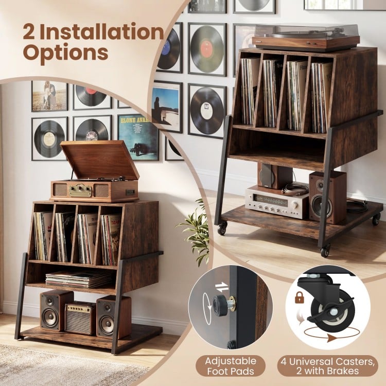 Rolling turntable stand in rustic brown with 3-tier storage, power outlets, and adjustable foot pads for versatile use.