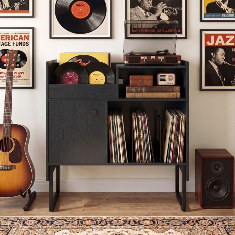 Record player stand in black with vinyl storage for 250 albums, featuring power outlets and a stylish design for home.