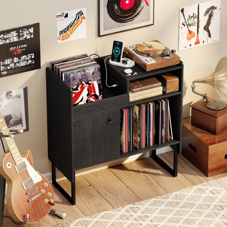 Record player stand in black showcasing a wide tabletop and open shelf, perfect for displaying albums and devices.