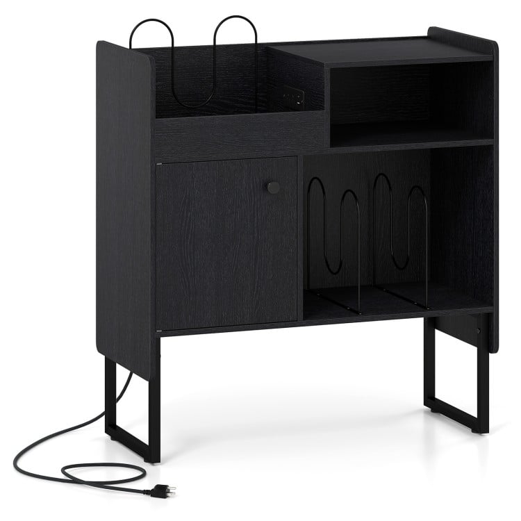 Record player stand in black with storage for 250 albums, power outlets, and cable management for organized charging.