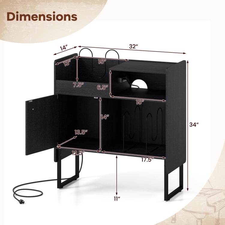 Dimensions of the black record player stand with storage for up to 250 albums, featuring power outlets and cable.