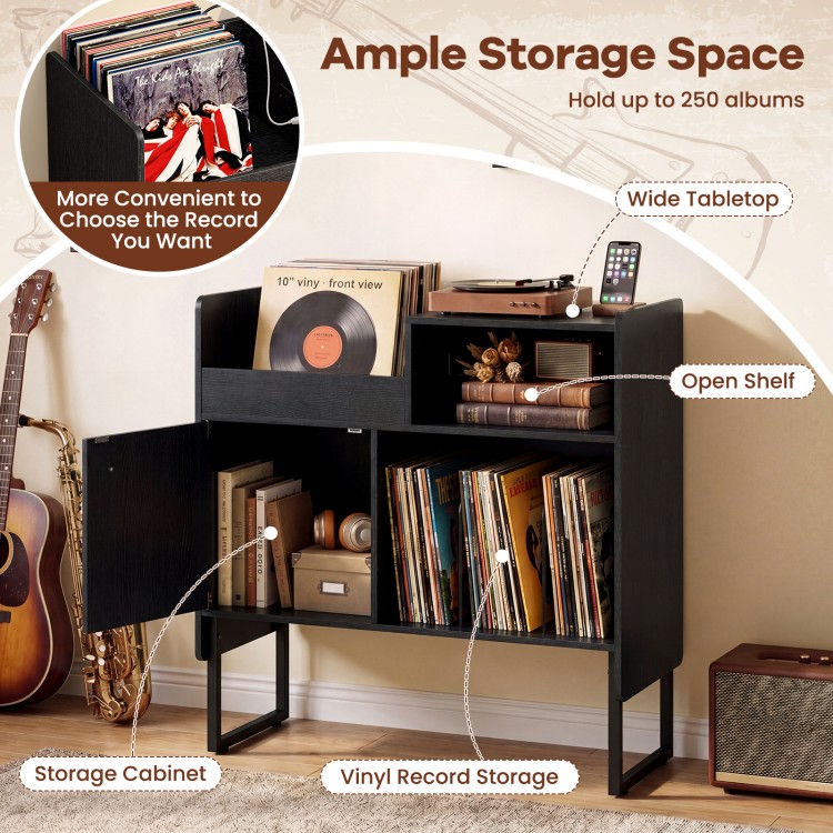 Record player stand in black with vinyl storage for 250 albums, featuring open shelves and power outlets for.