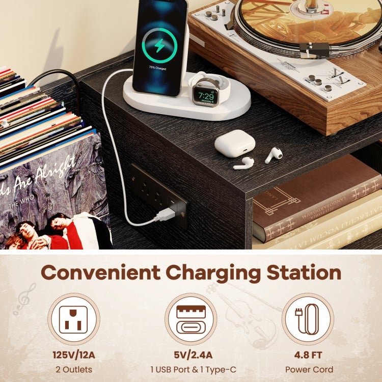 Record player stand with power outlets, vinyl storage for 250 albums, and charging station for multiple devices.