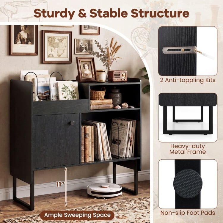 Record player stand in black with vinyl storage for 250 albums, featuring power outlets and anti-toppling kits.