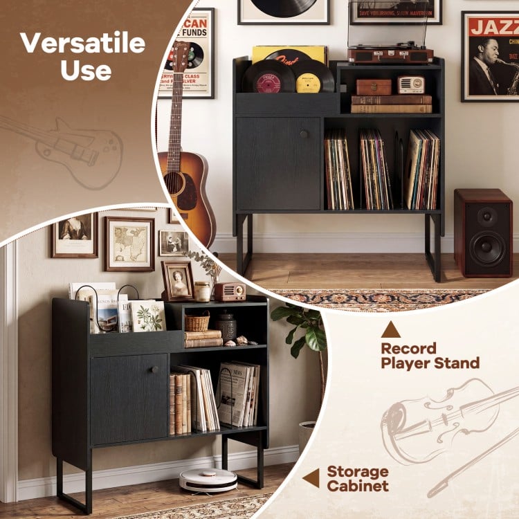 Record player stand in black with vinyl storage for up to 250 albums, featuring power outlets and a storage cabinet.