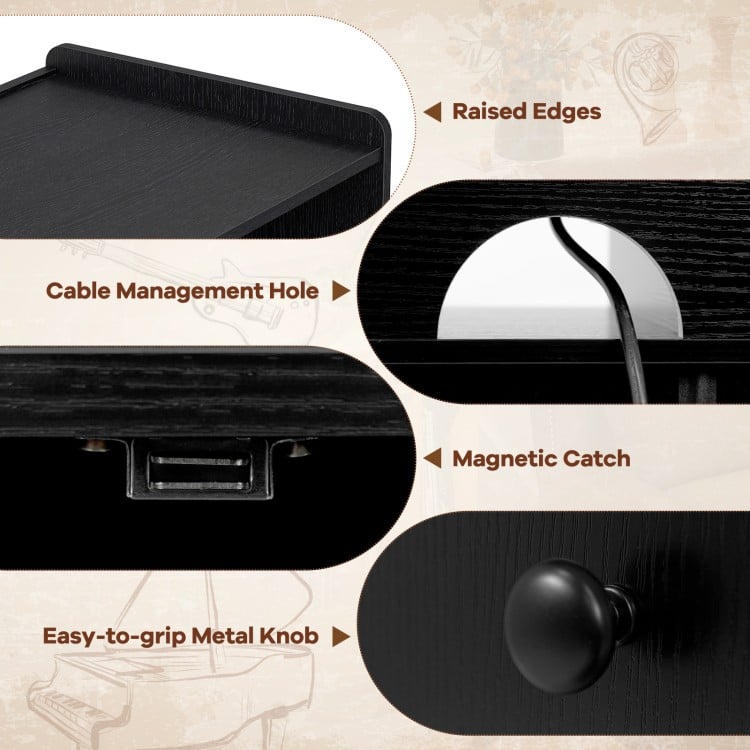 Close-up of the Record Player Stand's cable management hole and raised edges, featuring a durable black finish.