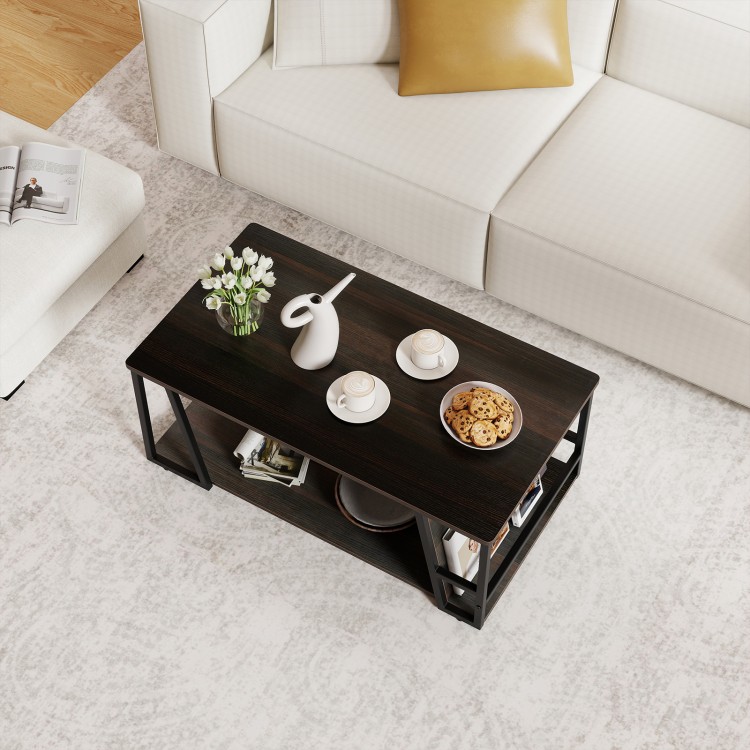 Top view of the rectangle coffee table with brown wood texture, showcasing the spacious tabletop and tiered storage.