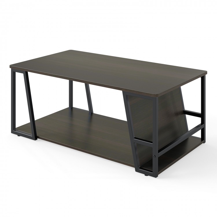 Rectangle coffee table with a wood-textured surface, featuring a 2-tier design and metal frame for living room storage.