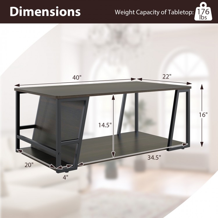 Rectangle coffee table with 2-tier design, brown wood texture, and metal frame, ideal for living room storage.