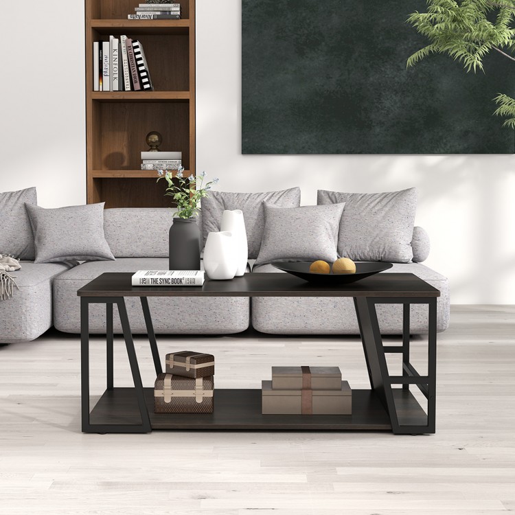 Rectangle coffee table with 2-tier design, brown wood-textured surface, and storage shelf for versatile living room use.