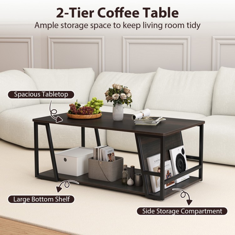 Rectangle 2-tier coffee table in brown with spacious tabletop, side compartment, and large bottom shelf for versatile.