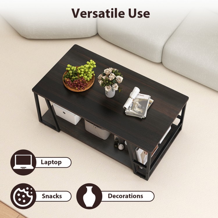 Rectangle coffee table with brown wood-textured surface, featuring a 2-tier design for versatile storage and decor use.