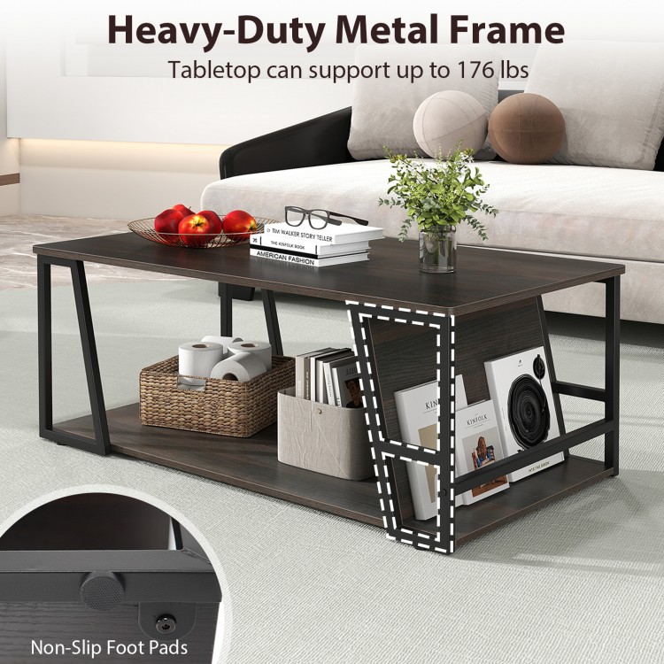 Rectangle coffee table with a brown wood-textured surface, heavy-duty metal frame, and 2-tier storage for living room.