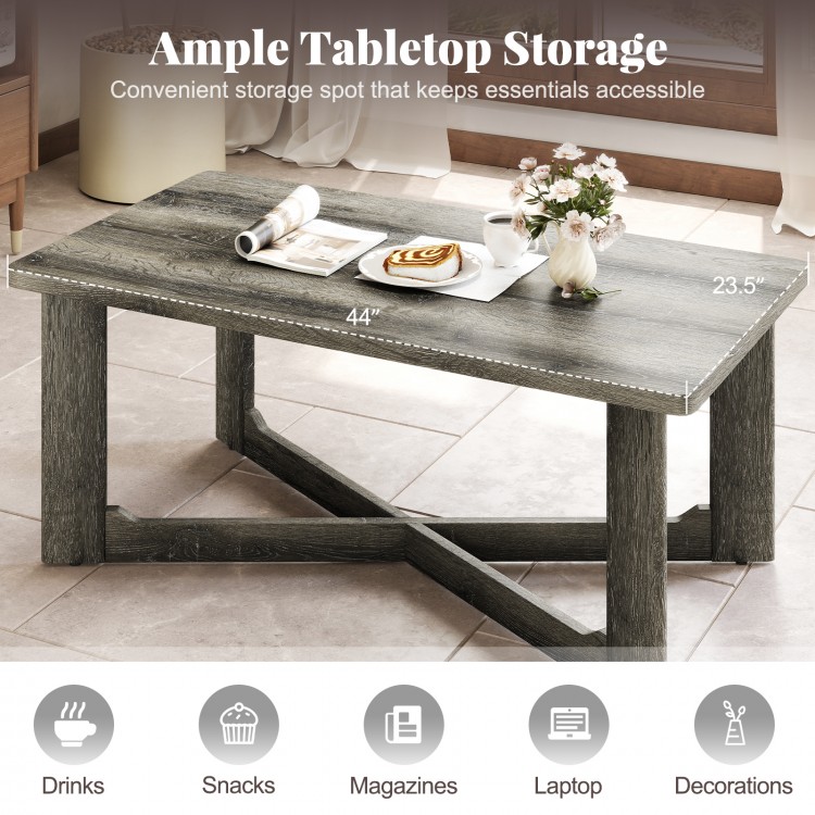 Rectangle coffee table in gray with a wide tabletop, rubber wood base, and X-shaped design for stable storage.