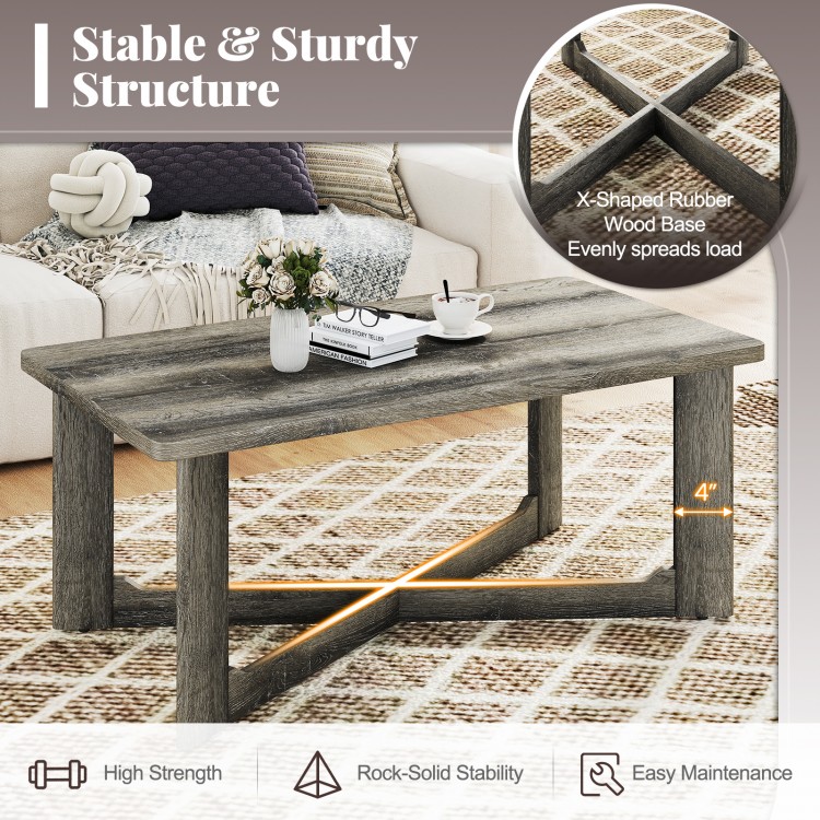 Rectangle coffee table with gray rubber wood X-shaped base, offering high strength and rock-solid stability for.