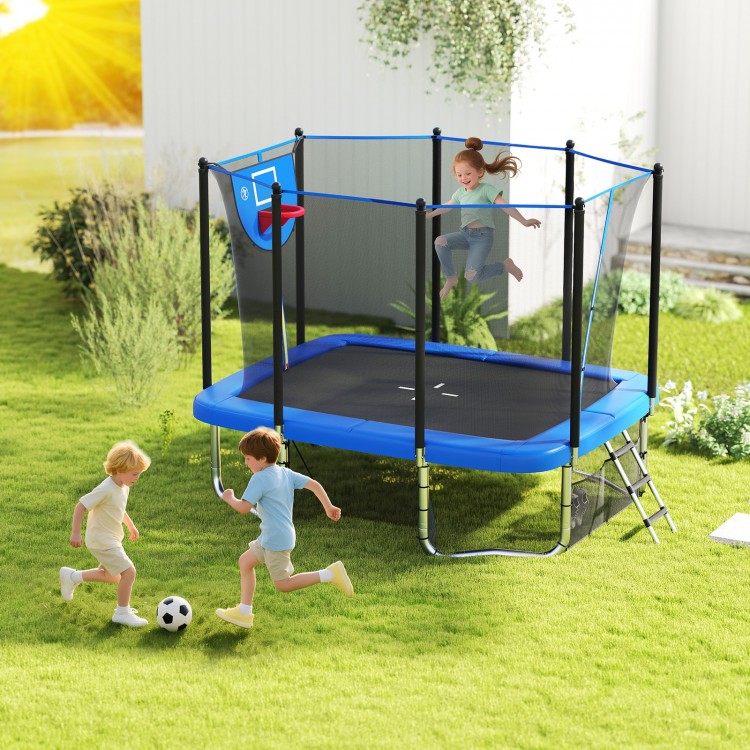 Rectangle outdoor trampoline with blue frame, basketball hoop, and kids jumping for fun and exercise in the backyard.