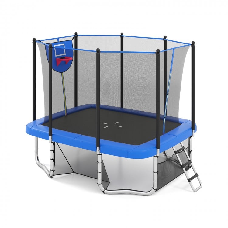 Rectangle outdoor trampoline with blue frame, basketball hoop, and safety net, ideal for kids and adults' exercise.