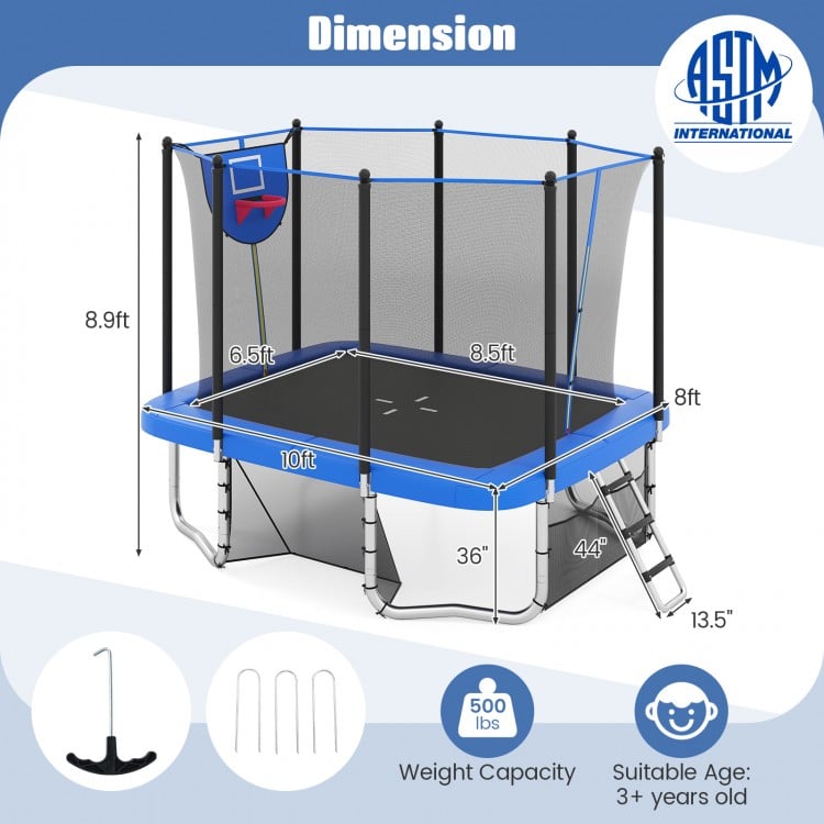 Rectangle outdoor trampoline 10 x 8 FT in blue with basketball hoop, safety net, and ladder for family fun.