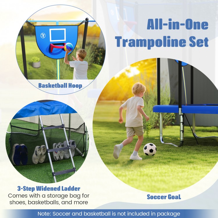 Rectangle outdoor trampoline with basketball hoop and soccer goal, featuring a sturdy frame and safety net for fun and.