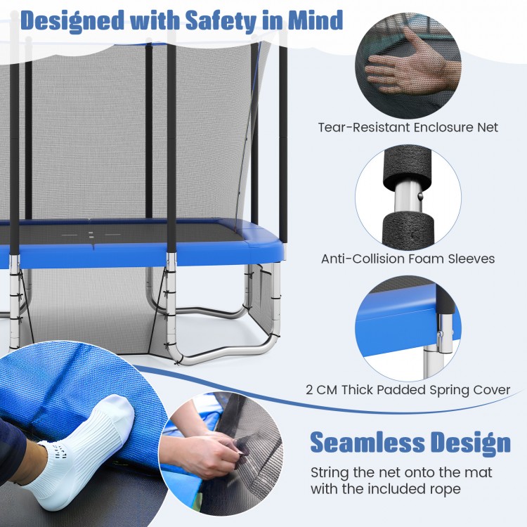 Rectangle outdoor trampoline with safety features, including anti-collision foam sleeves and a secure enclosure net.