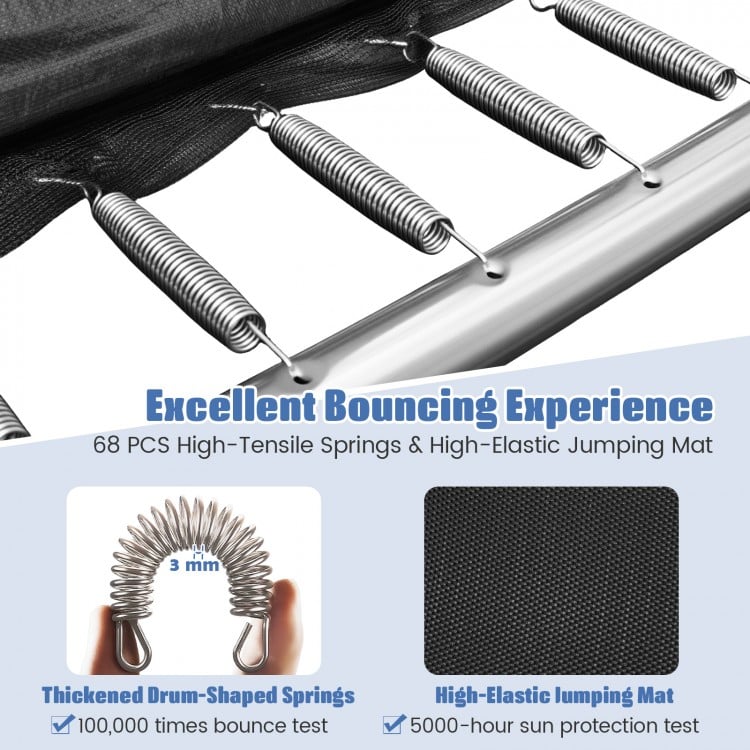 Detail of high-tensile springs and high-elastic jumping mat for the 10 x 8 FT outdoor trampoline with safety features.