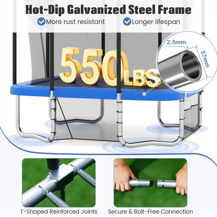 Rectangle outdoor trampoline with a hot-dip galvanized steel frame, featuring a basketball hoop and safety net for fun.