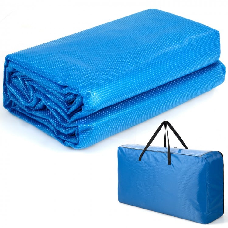 Rectangle swimming pool cover in blue, 12-mil thick PE, with carrying bag, designed for heat retention and water.