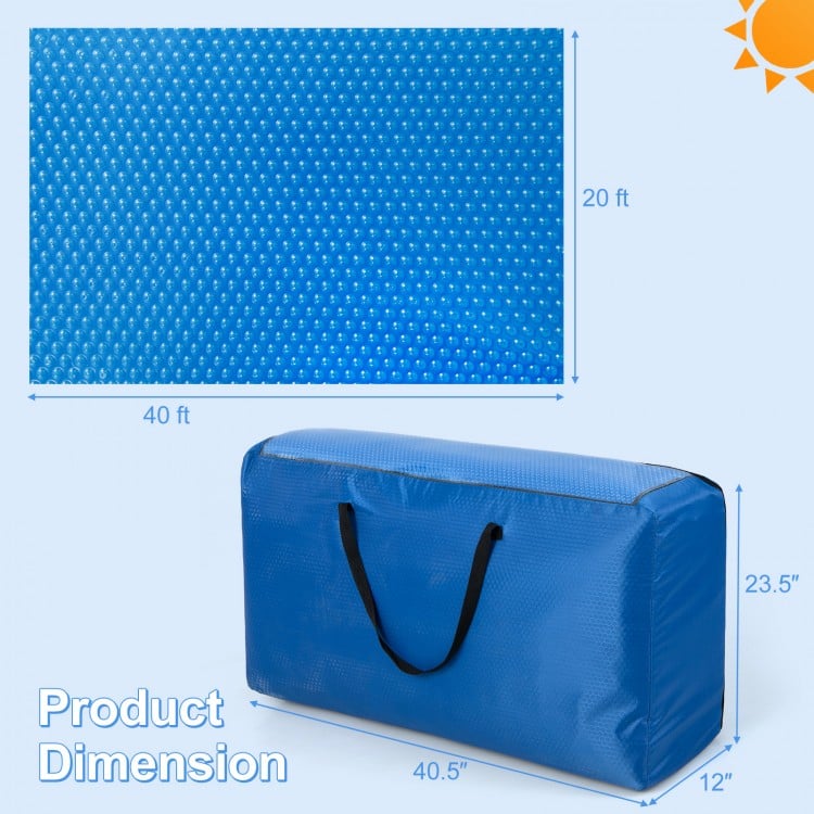 Rectangle swimming pool cover in blue, 40FT x 20FT, 12-mil thick, with carrying bag for easy storage and transport.
