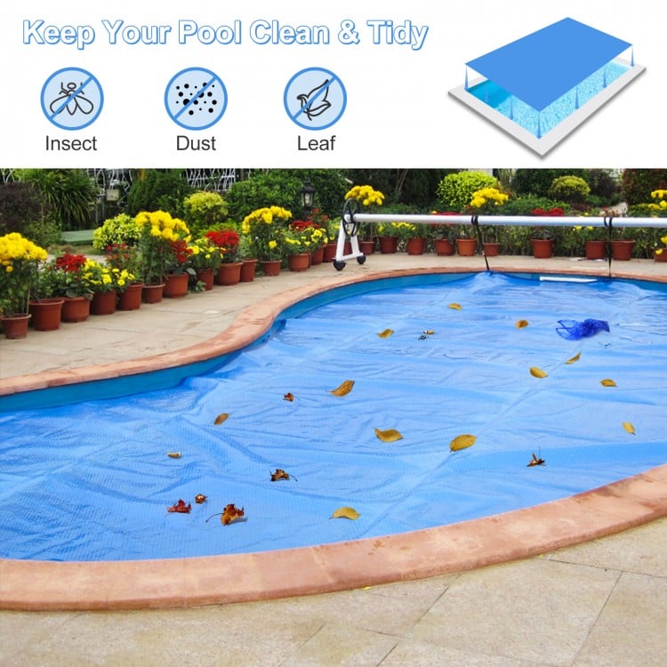 Rectangle swimming pool cover in blue, 12-mil thick PE, designed to keep pools clean and warm, suitable for various.