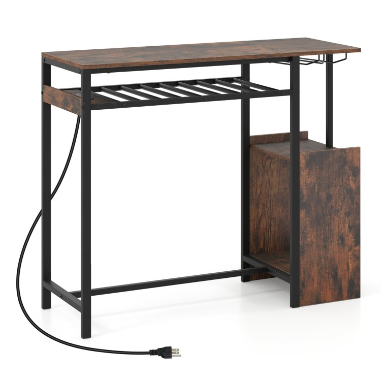 Rectangular bar table in rustic brown with charging station, LED light, and wine rack for industrial kitchen style.