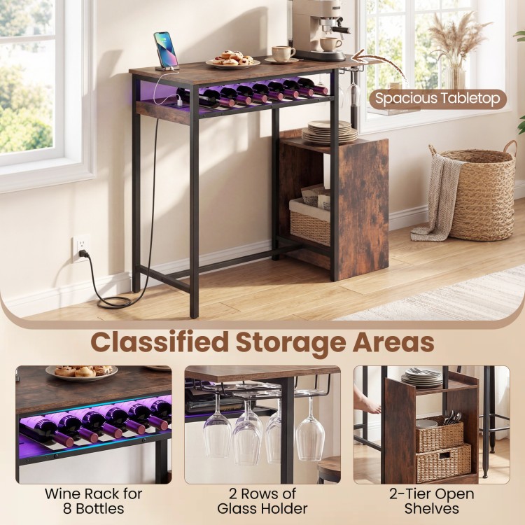 Rectangular bar table in rustic brown with charging station, LED light, wine rack for 8 bottles, and glass holder.